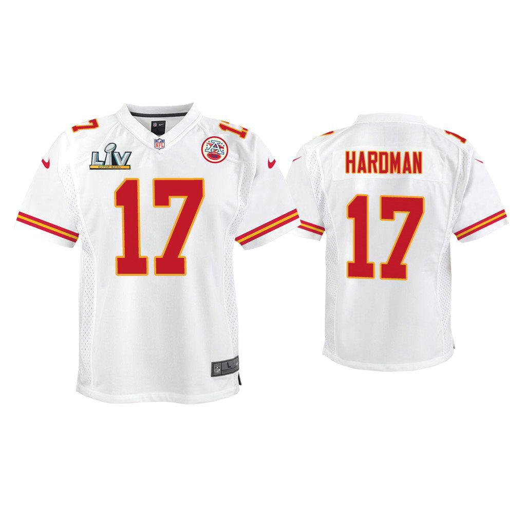 Youth 2021 Kansas City Chiefs #17 Mecole Hardman White Super Bowl LIV White Game Jersey