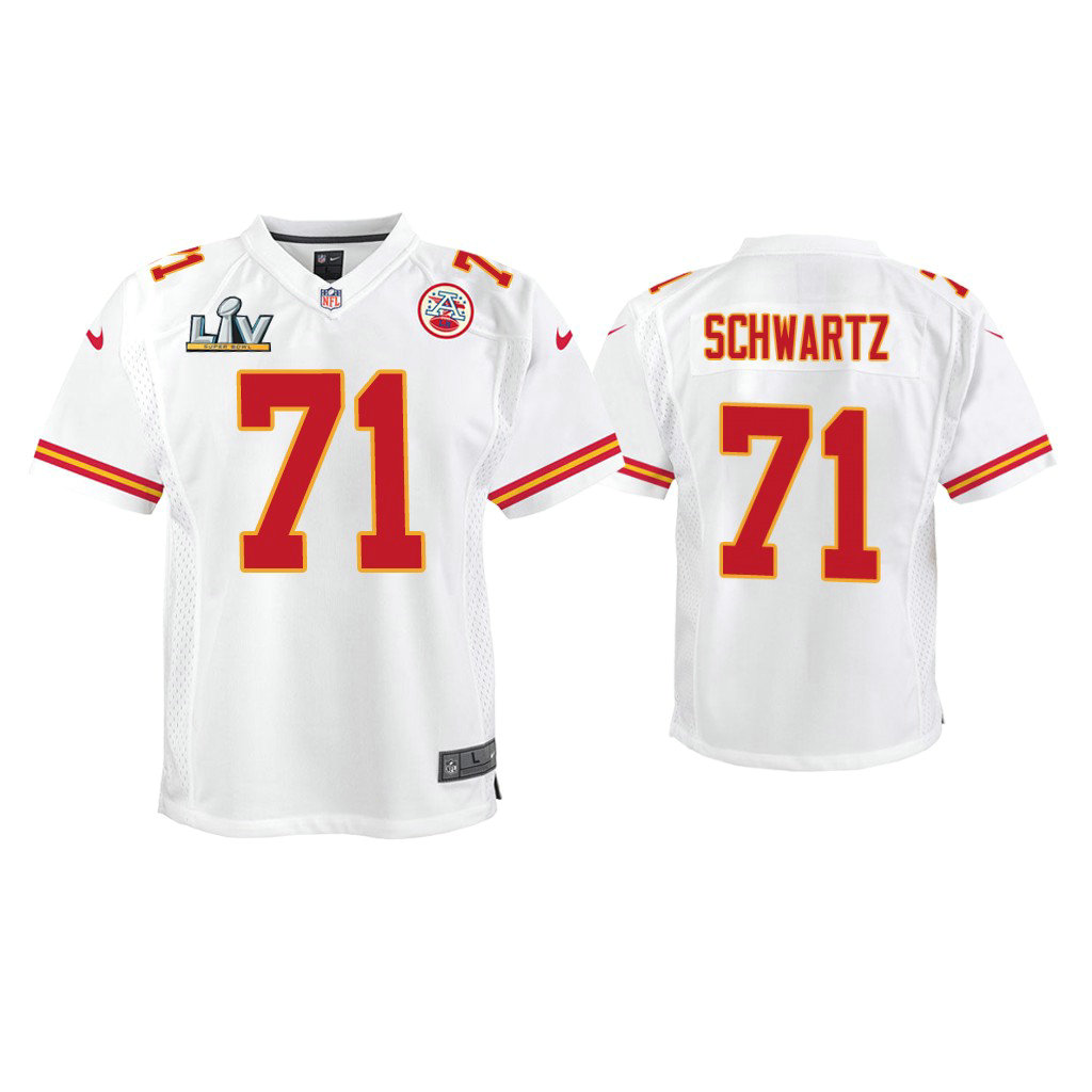 Youth 2021 Kansas City Chiefs #71 Mitchell Schwartz White Super Bowl LIV White Game Jersey Youth 2021 Kansas City Chiefs #71 Mitchell Schwartz White Super Bowl LIV White Game Jersey
