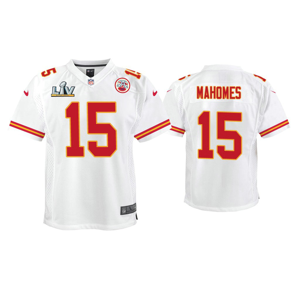 Youth 2021 Kansas City Chiefs #15 Patrick Mahomes White Super Bowl LIV White Game Jersey Youth 2021 Kansas City Chiefs #15 Patrick Mahomes White Super Bowl LIV White Game Jersey