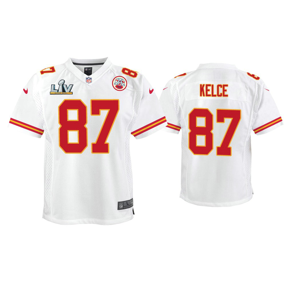 Youth 2021 Kansas City Chiefs #87 Travis Kelce White Super Bowl LIV White Game Jersey