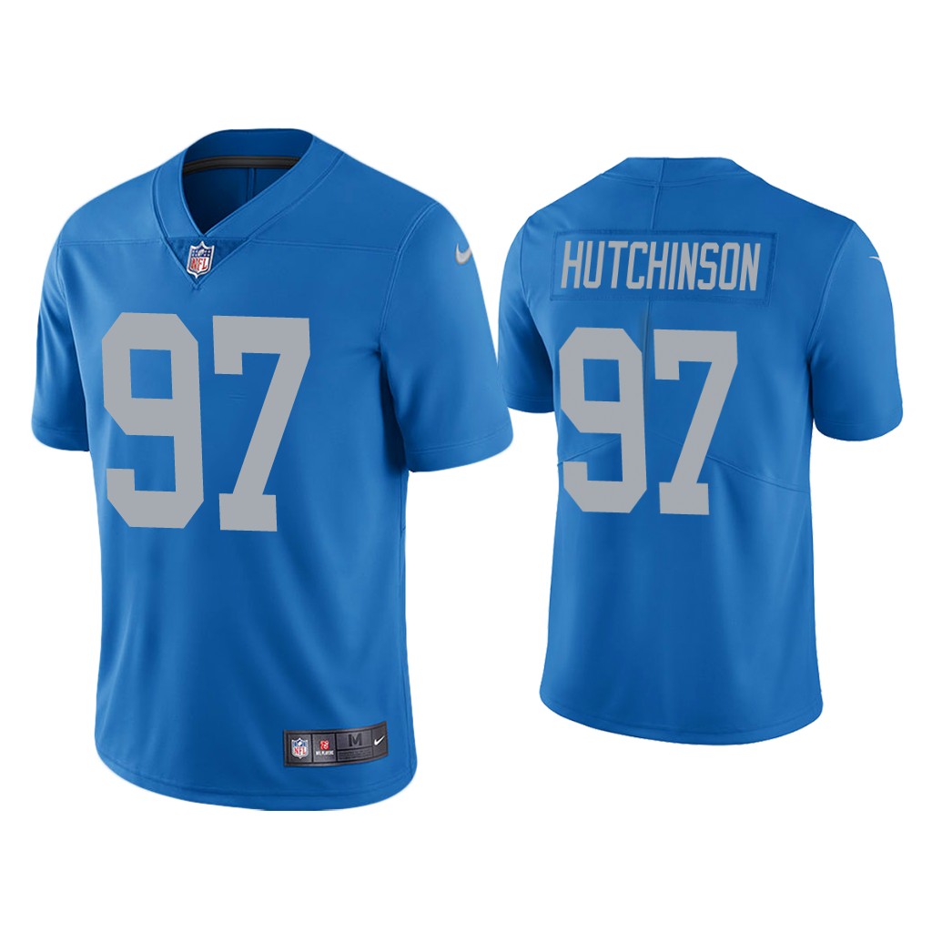 Detroit Lions #97 Aidan Hutchinson Blue Vapor Limited 2022 NFL Draft Jersey Detroit Lions #97 Aidan Hutchinson Blue Vapor Limited 2022 NFL Draft Jersey