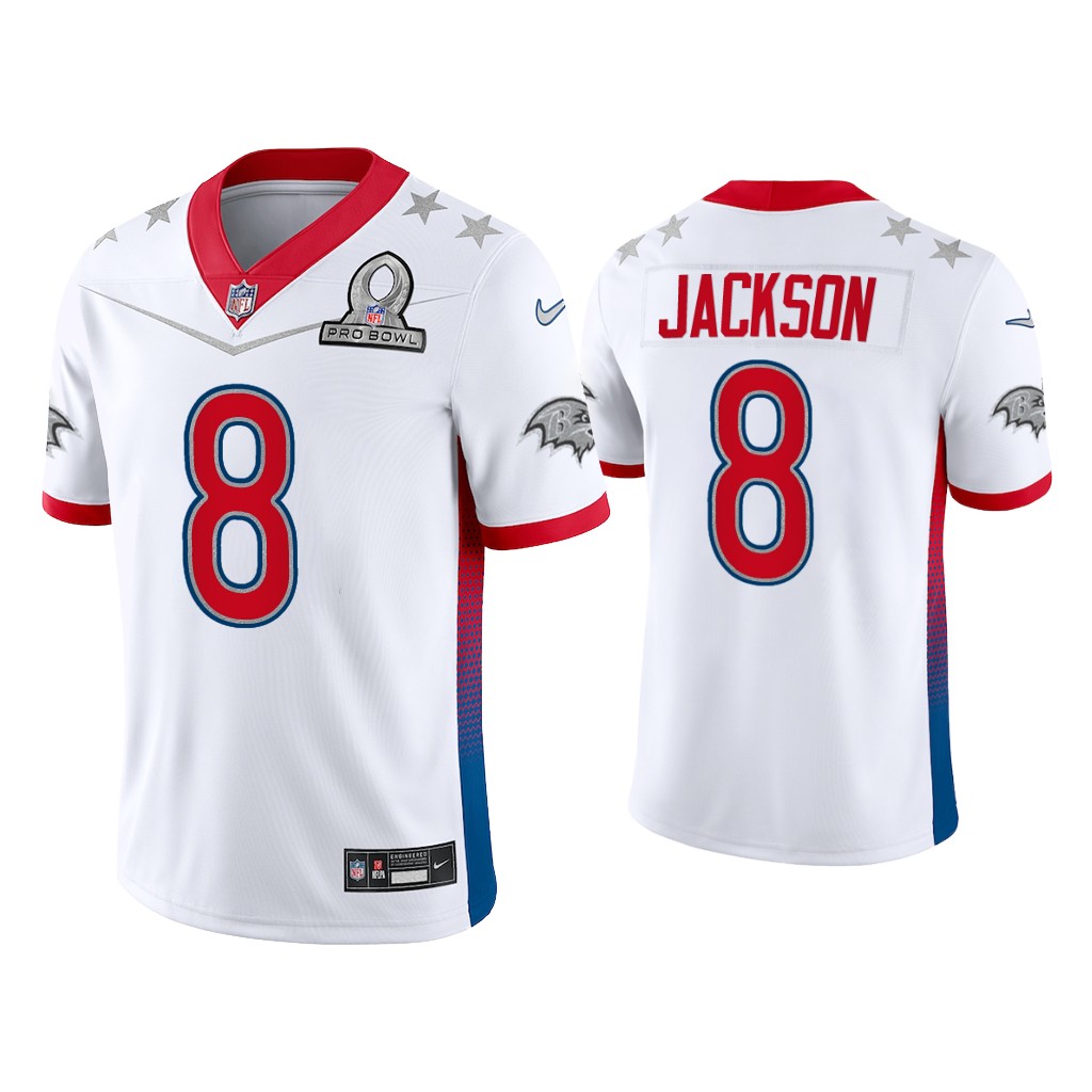 Baltimore Ravens #8 Lamar Jackson White Game 2022 AFC Pro Bowl Jersey Baltimore Ravens #8 Lamar Jackson White Game 2022 AFC Pro Bowl Jersey