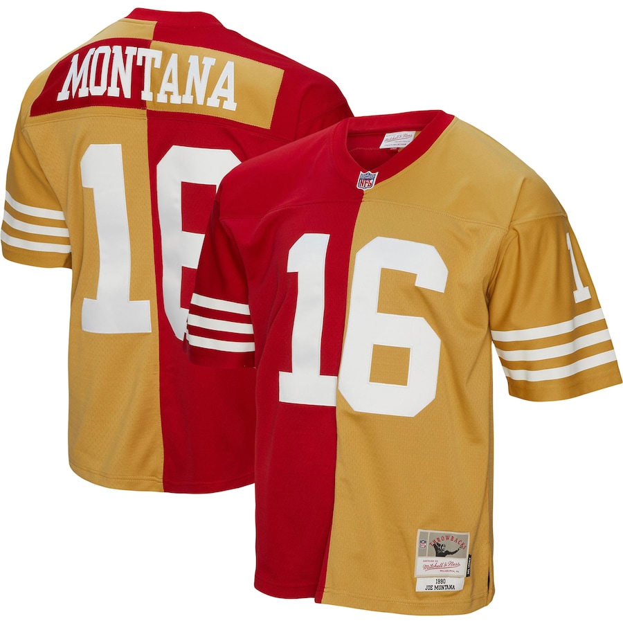 Men's - Mitchell & Ness Joe Montana Scarlet/Gold San Francisco 49ers 1990 Split Legacy Replica Jersey