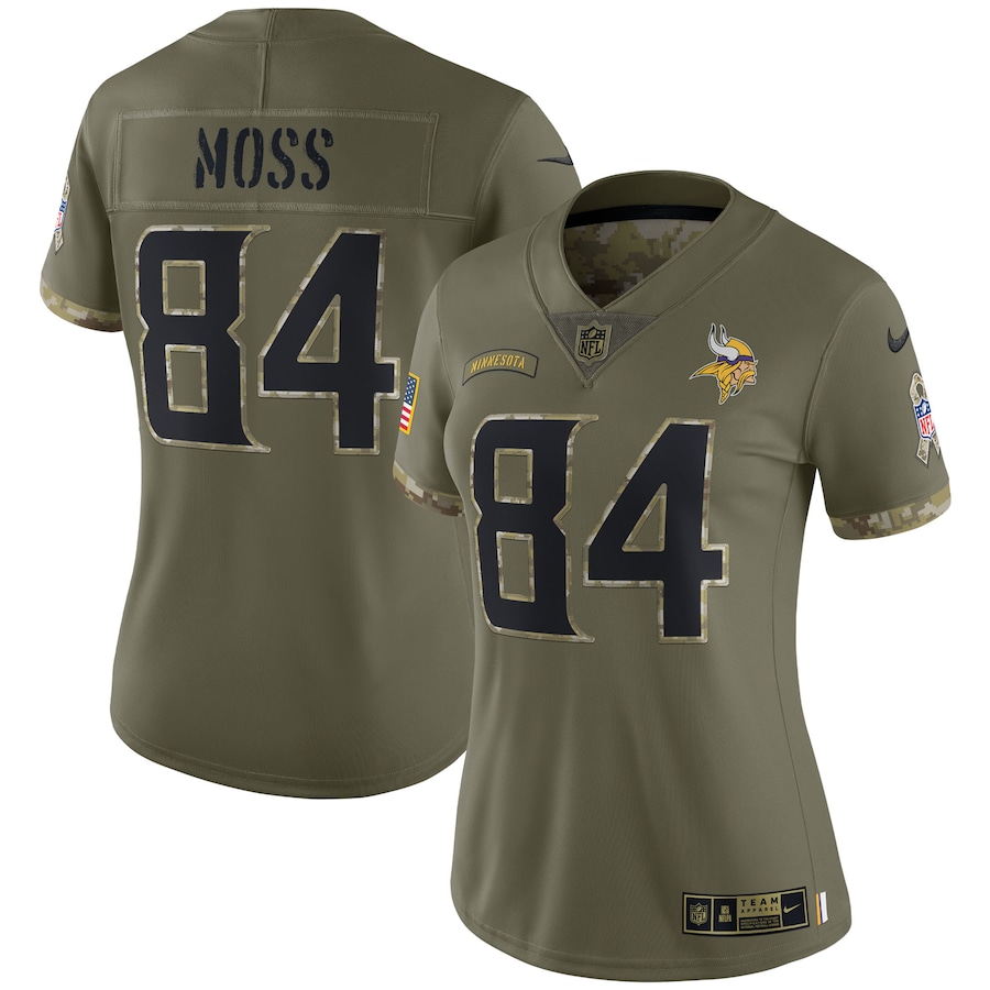 Women's - Nike Randy Moss Olive Minnesota Vikings 2022 Salute To Service Retired Player Limited Jersey
