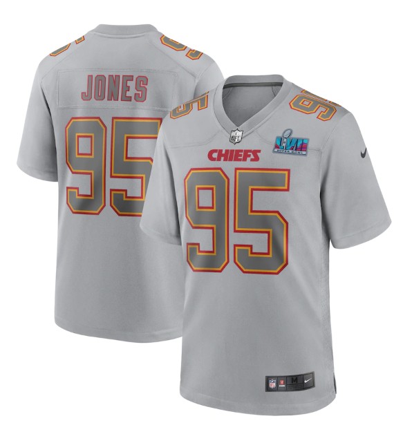 Men's Kansas City Chiefs #95 Chris Jones Gray Super Bowl LVII Patch Atmosphere Fashion Stitched Game Jersey Men's Kansas City Chiefs #95 Chris Jones Gray Super Bowl LVII Patch Atmosphere Fashion Stitched Game Jersey