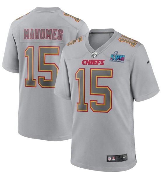 Men's Kansas City Chiefs #15 Patrick Mahomes Gray Super Bowl LVII Patch Atmosphere Fashion Stitched Game Jersey Men's Kansas City Chiefs #15 Patrick Mahomes Gray Super Bowl LVII Patch Atmosphere Fashion Stitched Game Jersey