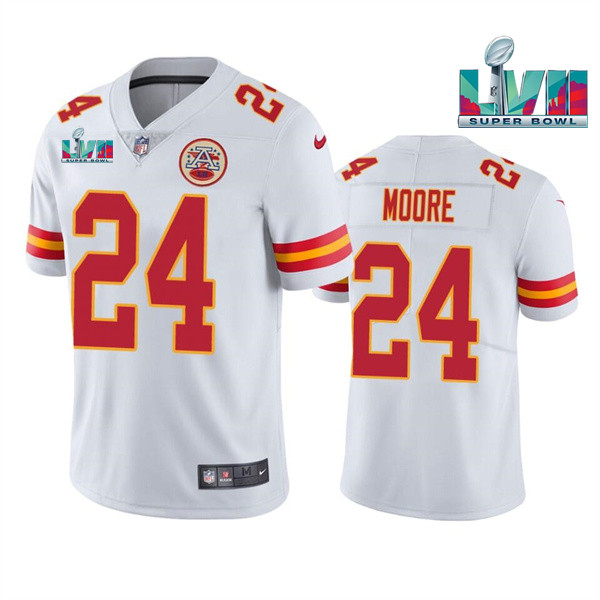 Men's Kansas City Chiefs #24 Skyy Moore White Super Bowl LVII Patch Vapor Untouchable Limited Stitched Jersey Men's Kansas City Chiefs #24 Skyy Moore White Super Bowl LVII Patch Vapor Untouchable Limited Stitched Jersey