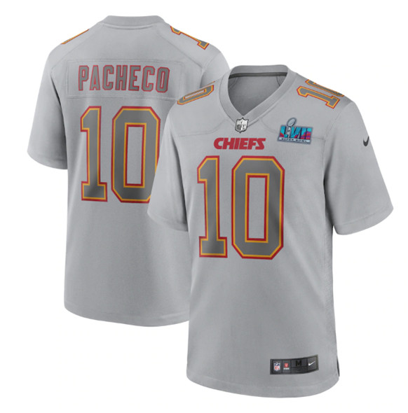 Men's Kansas City Chiefs #10 Isiah Pacheco Gray Super Bowl LVII Patch Atmosphere Fashion Stitched Game Jersey Men's Kansas City Chiefs #10 Isiah Pacheco Gray Super Bowl LVII Patch Atmosphere Fashion Stitched Game Jersey