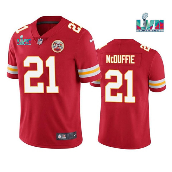 Men's Kansas City Chiefs #21 Trent McDuffie Red Super Bowl LVII Patch Vapor Untouchable Limited Stitched Jersey Men's Kansas City Chiefs #21 Trent McDuffie Red Super Bowl LVII Patch Vapor Untouchable Limited Stitched Jersey