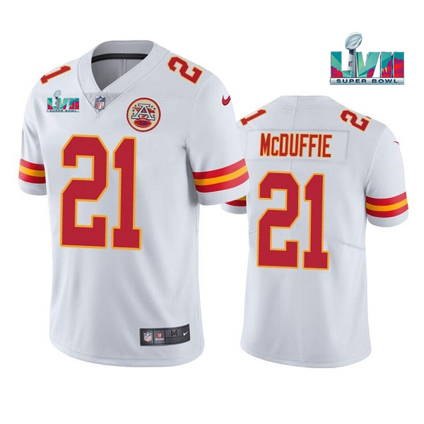 Men's Kansas City Chiefs #21 Trent McDuffie White Super Bowl LVII Patch Vapor Untouchable Limited Stitched Jersey Men's Kansas City Chiefs #21 Trent McDuffie White Super Bowl LVII Patch Vapor Untouchable Limited Stitched Jersey