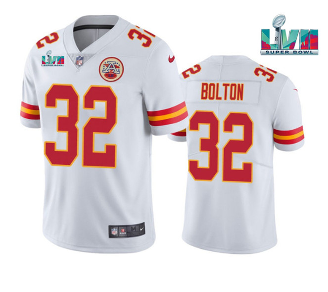 Men's Kansas City Chiefs #32 Nick Bolton White Super Bowl LVII Patch Vapor Untouchable Limited Stitched Jersey Men's Kansas City Chiefs #32 Nick Bolton White Super Bowl LVII Patch Vapor Untouchable Limited Stitched Jersey