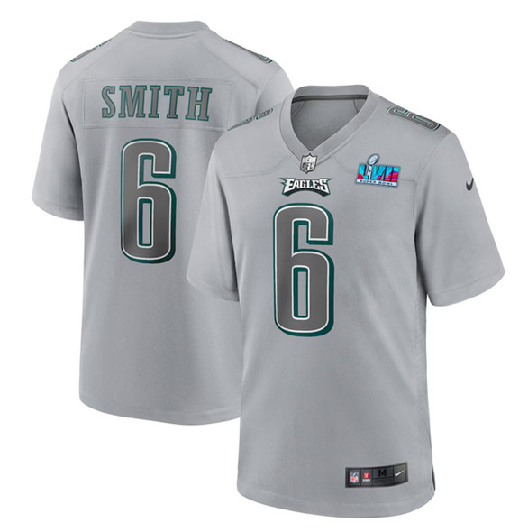 Men's Philadelphia Eagles #6 DeVonta Smith Gray Super Bowl LVII Patch Atmosphere Fashion Stitched Game Jersey Men's Philadelphia Eagles #6 DeVonta Smith Gray Super Bowl LVII Patch Atmosphere Fashion Stitched Game Jersey