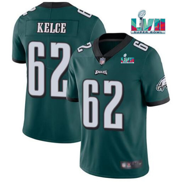 Men's Philadelphia Eagles #62 Jason Kelce Green Super Bowl LVII Patch Vapor Untouchable Limited Stitched Jersey Men's Philadelphia Eagles #62 Jason Kelce Green Super Bowl LVII Patch Vapor Untouchable Limited Stitched Jersey