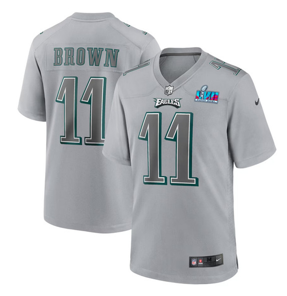 Men's Philadelphia Eagles #11 A.J. Brown Gray Super Bowl LVII Patch Atmosphere Fashion Stitched Game Jersey Men's Philadelphia Eagles #11 A.J. Brown Gray Super Bowl LVII Patch Atmosphere Fashion Stitched Game Jersey