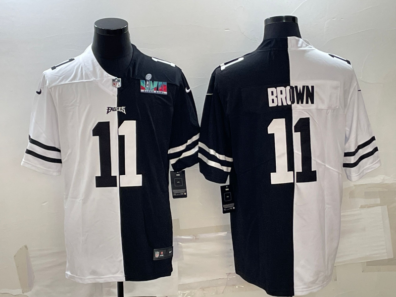 Men's Philadelphia Eagles #11 A.J. Brown Black & White Split Super Bowl LVII Patch Limited Stitched Jersey Men's Philadelphia Eagles #11 A.J. Brown Black & White Split Super Bowl LVII Patch Limited Stitched Jersey
