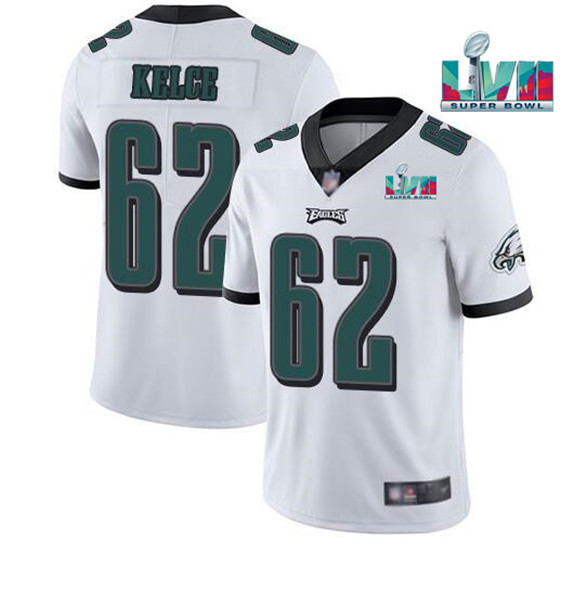 Men's Philadelphia Eagles #62 Jason Kelce White Super Bowl LVII Patch Vapor Untouchable Limited Stitched Jersey Men's Philadelphia Eagles #62 Jason Kelce White Super Bowl LVII Patch Vapor Untouchable Limited Stitched Jersey
