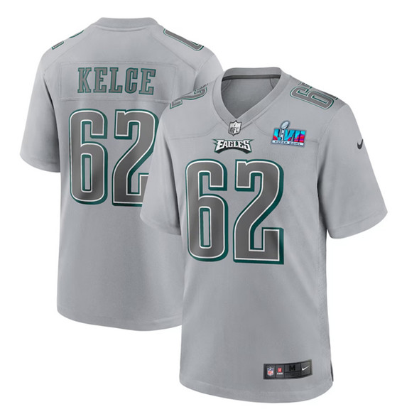 Men's Philadelphia Eagles #62 Jason Kelce Gray Super Bowl LVII Patch Atmosphere Fashion Stitched Game Jersey Men's Philadelphia Eagles #62 Jason Kelce Gray Super Bowl LVII Patch Atmosphere Fashion Stitched Game Jersey