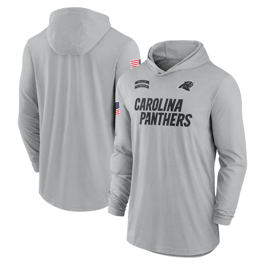 Men's Carolina Panthers Gray 2024 Salute to Service Lightweight Performance Long Sleeve Hooded T-Shirt Men's Carolina Panthers Gray 2024 Salute to Service Lightweight Performance Long Sleeve Hooded T-Shirt