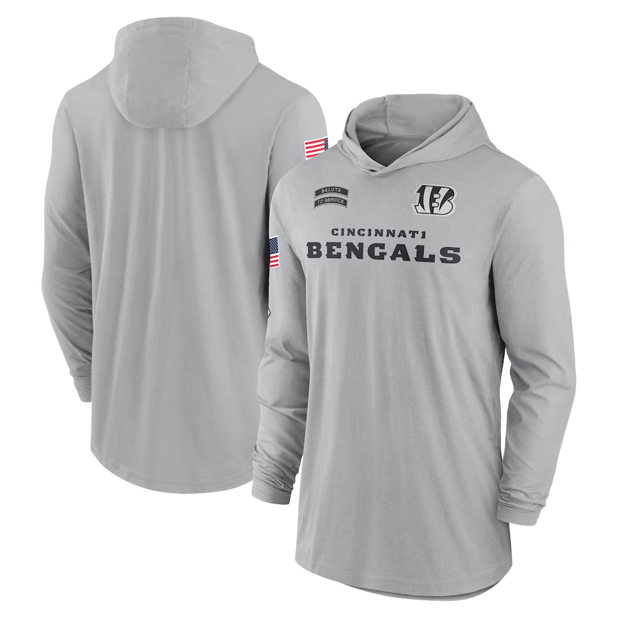 Men's Cincinnati Bengals Gray 2024 Salute to Service Lightweight Performance Long Sleeve Hooded T-Shirt