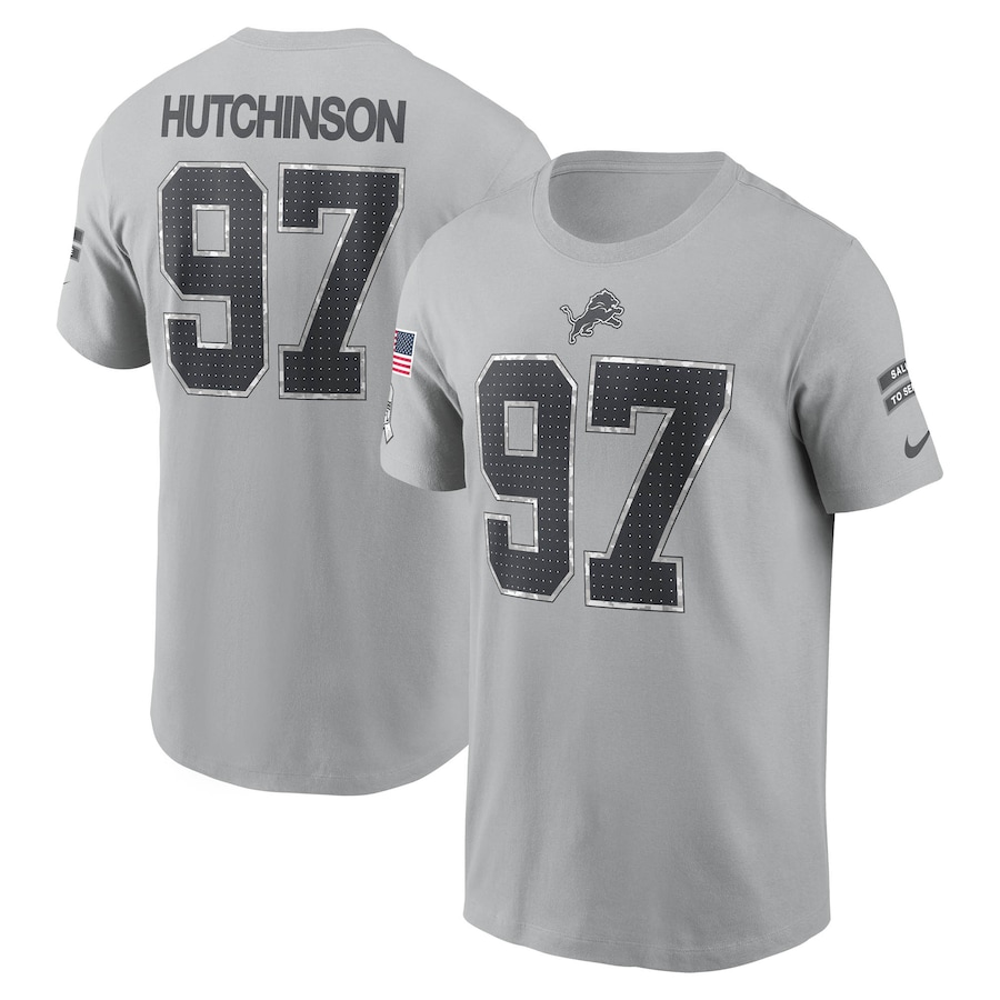Men's Detroit Lions Aidan Hutchinson Gray 2024 Salute To Service Player T-Shirt Men's Detroit Lions Aidan Hutchinson Gray 2024 Salute To Service Player T-Shirt