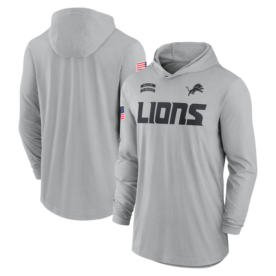 Men's Detroit Lions Gray 2024 Salute to Service Lightweight Performance Long Sleeve Hooded T-Shirt