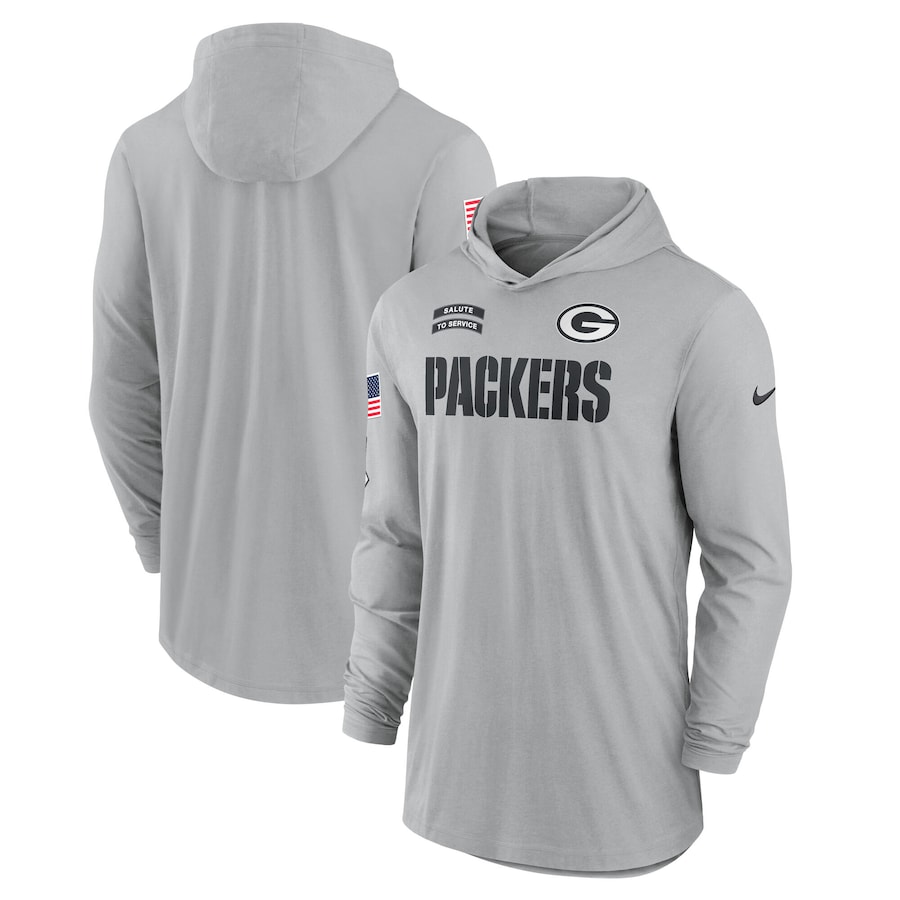 Men's Green Bay Packers Gray 2024 Salute to Service Lightweight Performance Long Sleeve Hooded T-Shirt