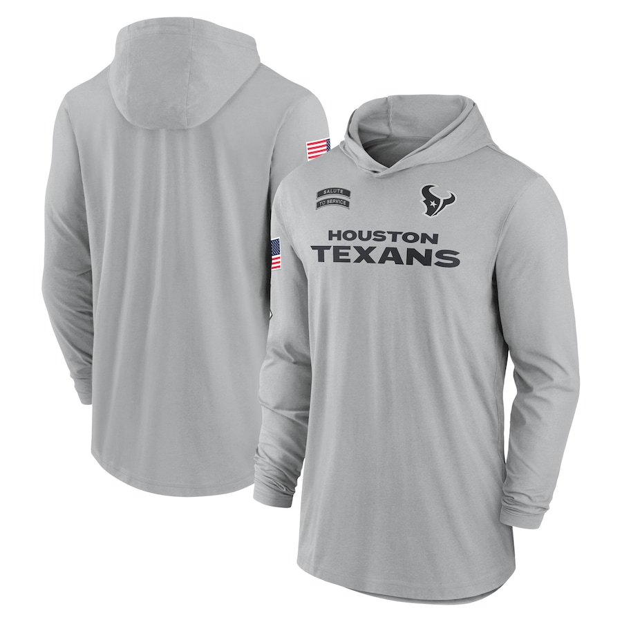 Men's Houston Texans Gray 2024 Salute to Service Lightweight Performance Long Sleeve Hooded T-Shirt Men's Houston Texans Gray 2024 Salute to Service Lightweight Performance Long Sleeve Hooded T-Shirt