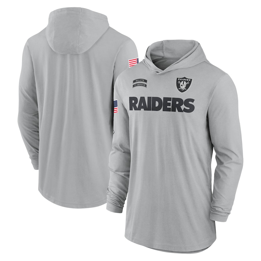 Men's Las Vegas Raiders Gray 2024 Salute to Service Lightweight Performance Long Sleeve Hooded T-Shirt