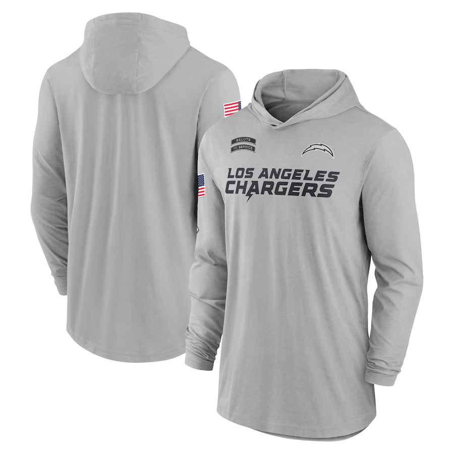 Men's Los Angeles Chargers Gray 2024 Salute to Service Lightweight Performance Long Sleeve Hooded T-Shirt