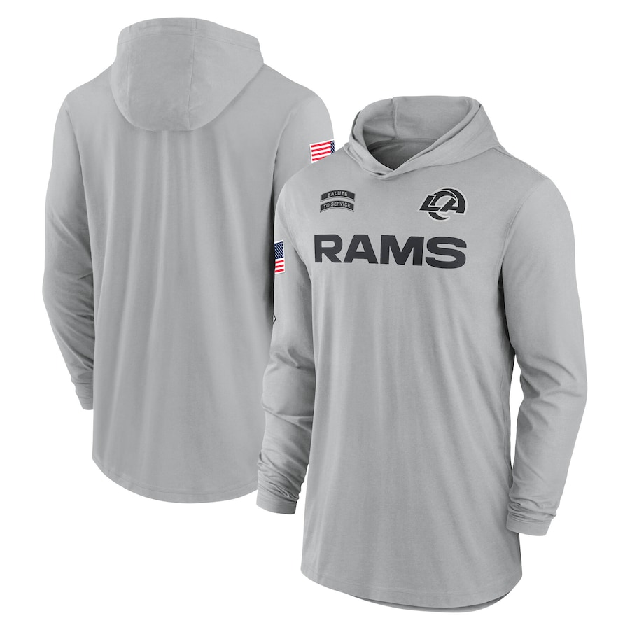 Men's Los Angeles Rams Gray 2024 Salute to Service Lightweight Performance Long Sleeve Hooded T-Shirt
