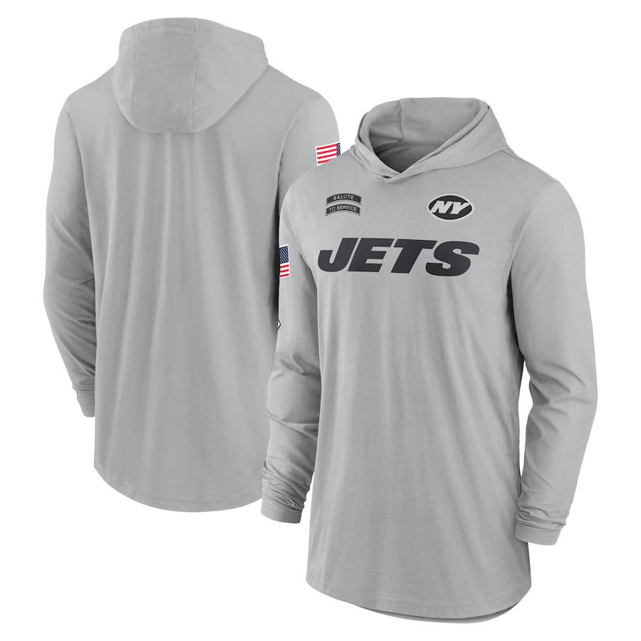Men's New York Jets Gray 2024 Salute to Service Lightweight Performance Long Sleeve Hooded T-Shirt Men's New York Jets Gray 2024 Salute to Service Lightweight Performance Long Sleeve Hooded T-Shirt