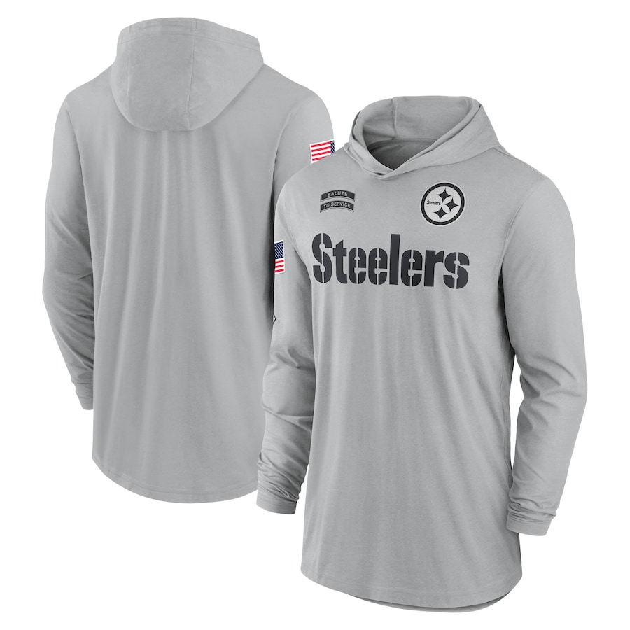 Men's Pittsburgh Steelers Gray 2024 Salute to Service Lightweight Performance Long Sleeve Hooded T-Shirt