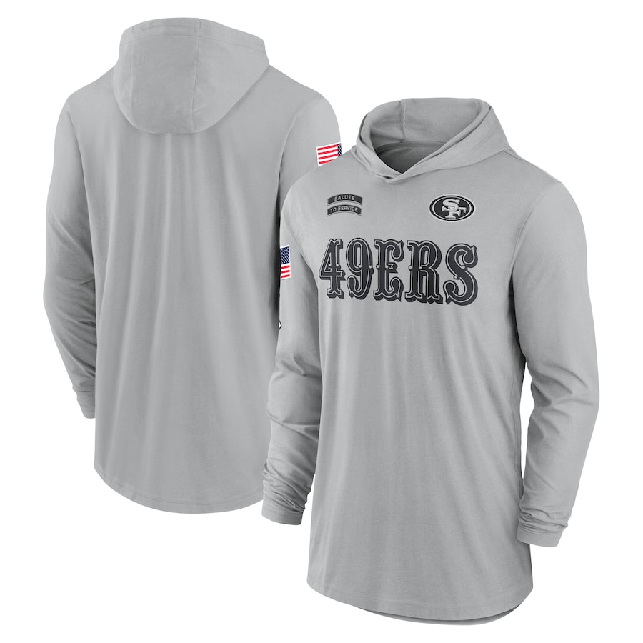 Men's San Francisco 49ers Gray 2024 Salute to Service Lightweight Performance Long Sleeve Hooded T-Shirt