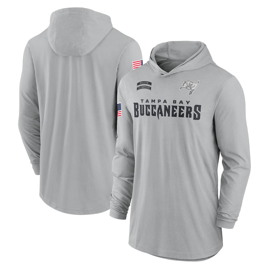 Men's Tampa Bay Buccaneers Gray 2024 Salute to Service Lightweight Performance Long Sleeve Hooded T-Shirt