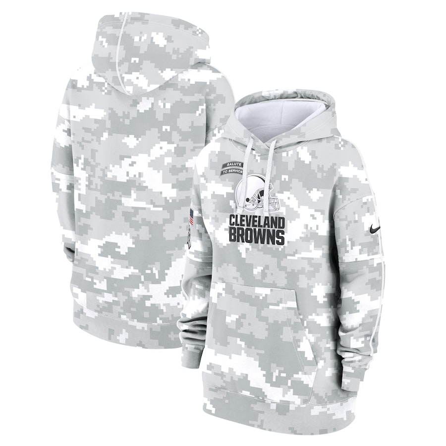 Women's Cleveland Browns Arctic Camo 2024 Salute To Service Club Fleece Pullover Hoodie Women's Cleveland Browns Arctic Camo 2024 Salute To Service Club Fleece Pullover Hoodie