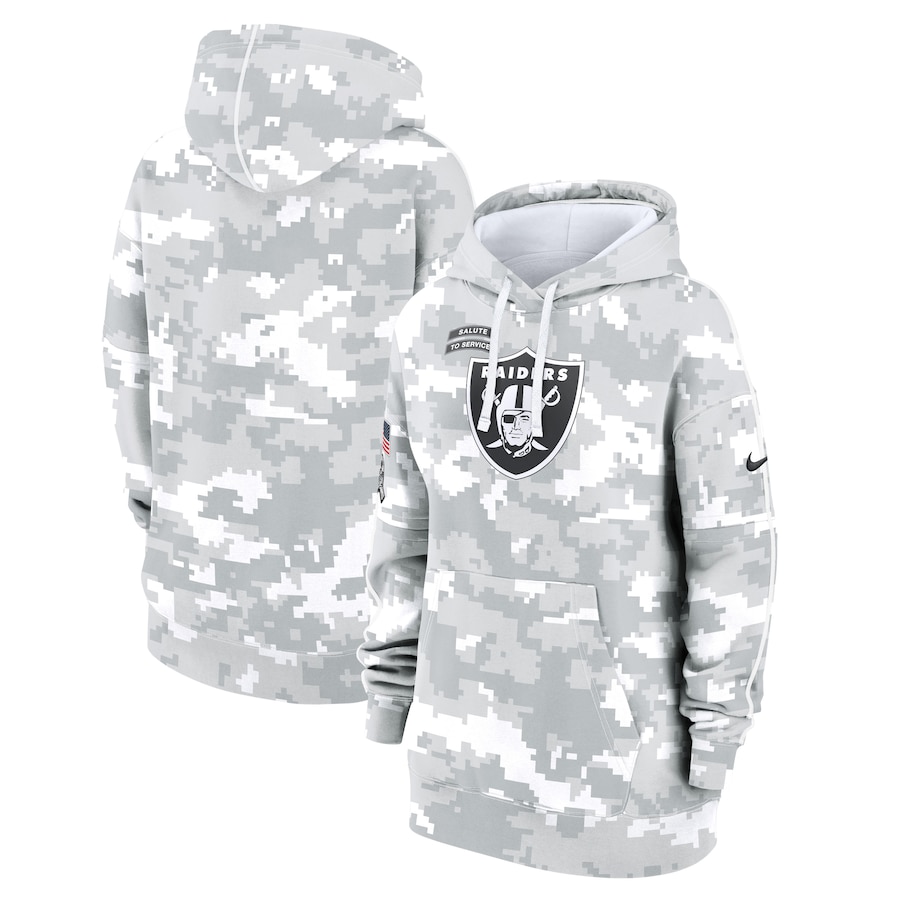 Women's Las Vegas Raiders Arctic Camo 2024 Salute To Service Club Fleece Pullover Hoodie Women's Las Vegas Raiders Arctic Camo 2024 Salute To Service Club Fleece Pullover Hoodie