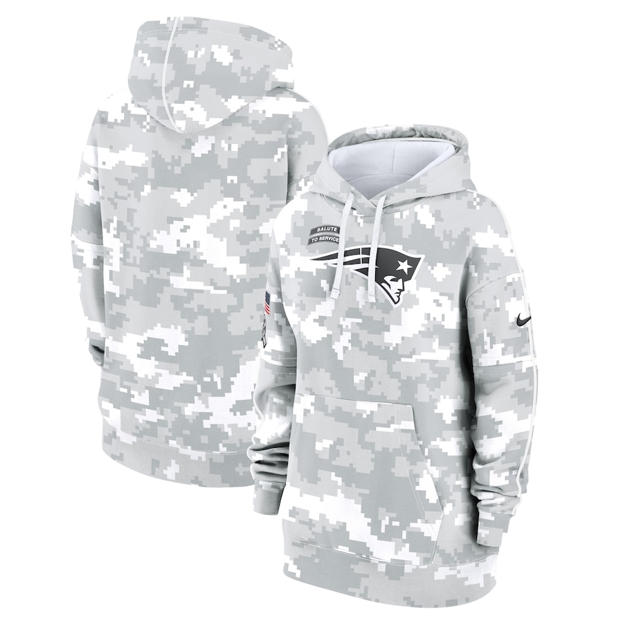 Women's New England Patriots Arctic Camo 2024 Salute To Service Club Fleece Pullover Hoodie