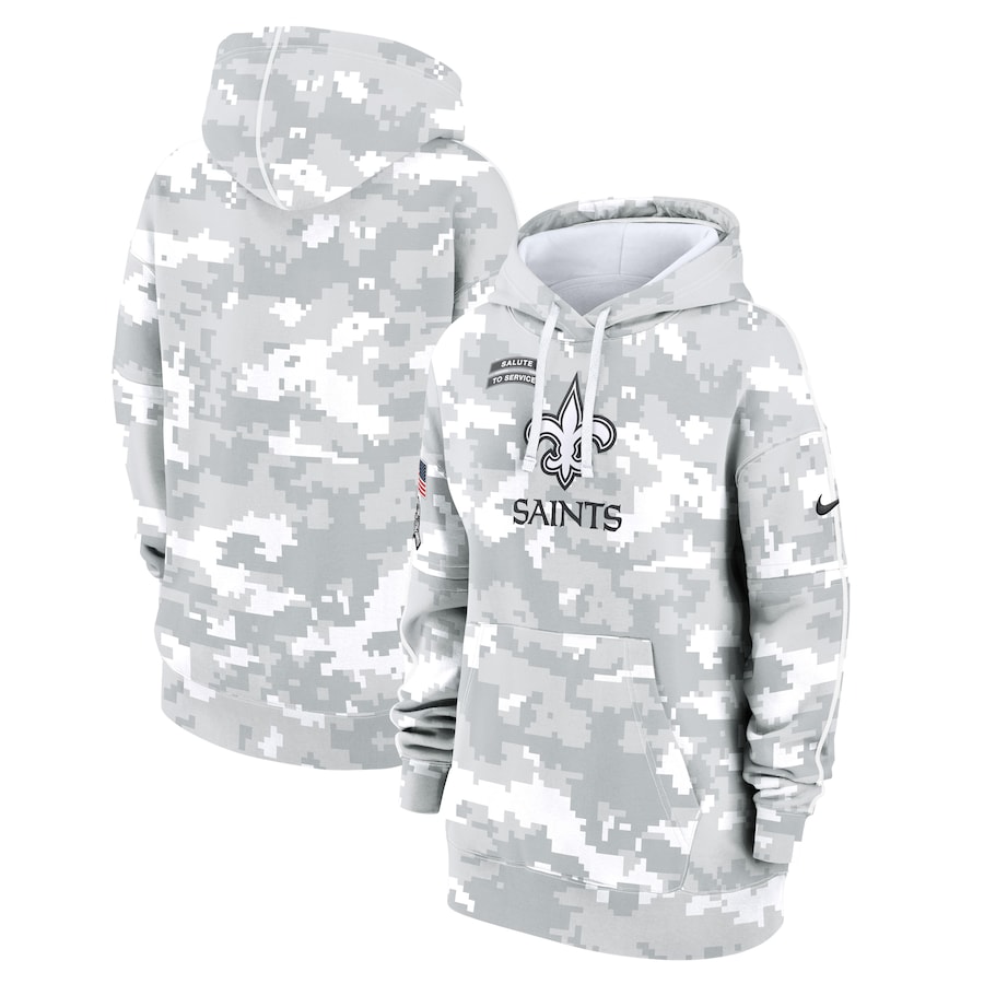 Women's New Orleans Saints Arctic Camo 2024 Salute To Service Club Fleece Pullover Hoodie Women's New Orleans Saints Arctic Camo 2024 Salute To Service Club Fleece Pullover Hoodie