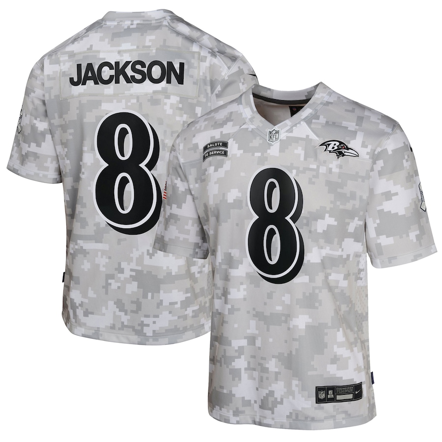 Youth Baltimore Ravens Lamar Jackson Arctic Camo 2024 Salute to Service Game Jersey