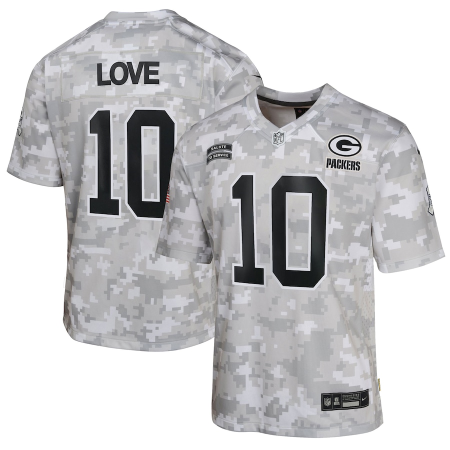 Youth Green Bay Packers Jordan Love Arctic Camo 2024 Salute to Service Game Jersey