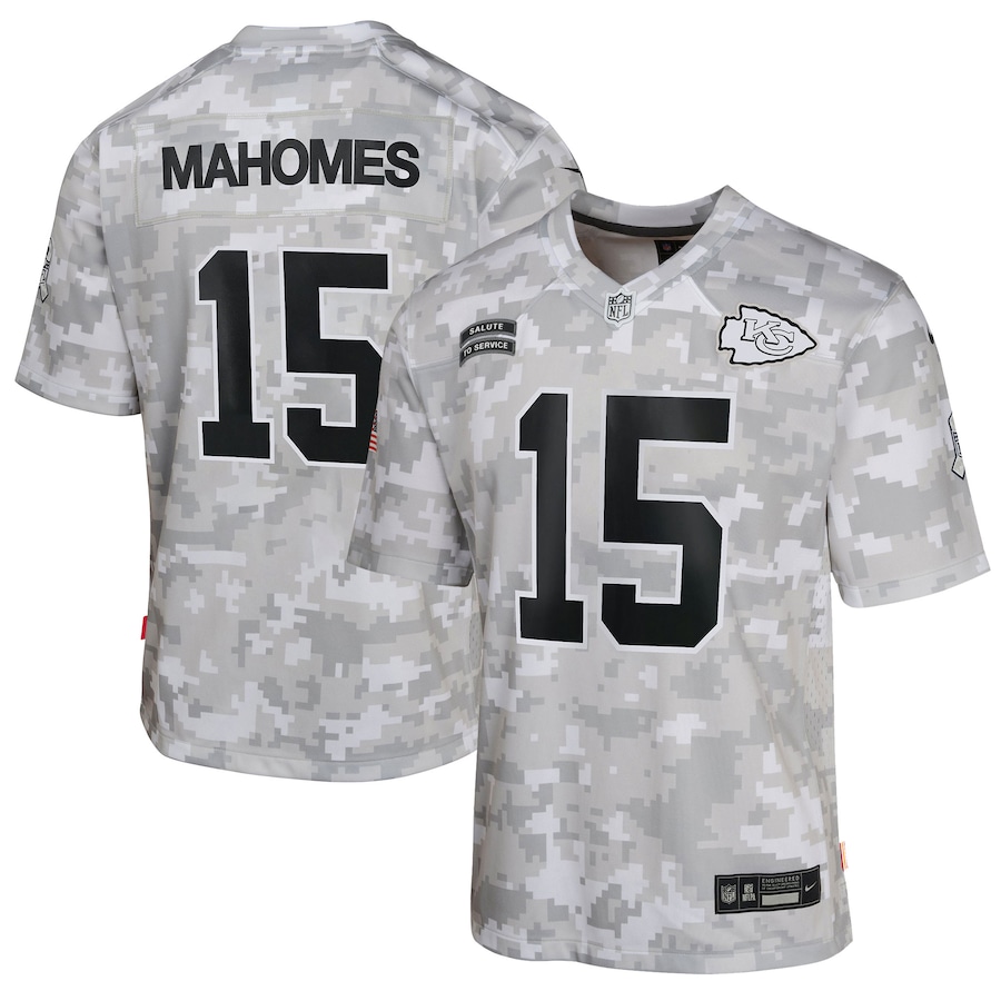 Youth Kansas City Chiefs Patrick Mahomes Arctic Camo 2024 Salute to Service Game Jersey