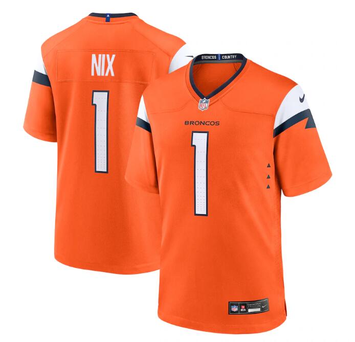 Men's Denver Broncos Bo Nix Nike Orange 2024 NFL Draft First Round Player Name & Number Game Jersey