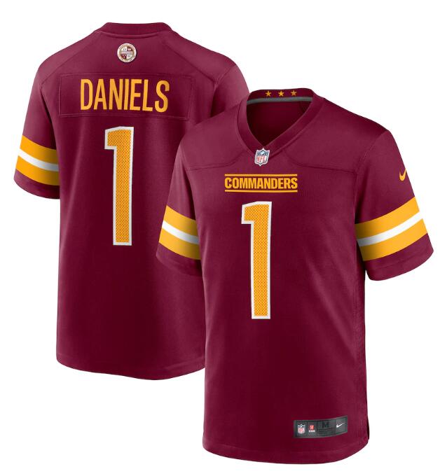 Men's Washington Commanders Jayden Daniels Nike Burgundy 2024 NFL Draft First Round Player Name & Number Game Jersey