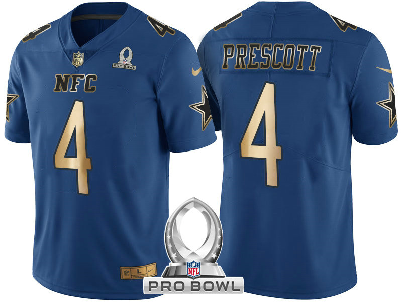 Dallas Cowboys #4 Dak Prescott NFC 2017 Pro Bowl Blue Gold Limited Jersey Dallas Cowboys #4 Dak Prescott NFC 2017 Pro Bowl Blue Gold Limited Jersey
