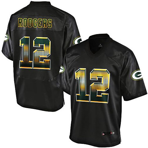 Green Bay Packers #12 Aaron Rodgers Pro Line Black Strobe Jersey