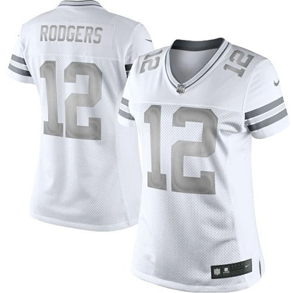 Women Green Bay Packers #12 Aaron Rodgers White Platinum Jersey Women Green Bay Packers #12 Aaron Rodgers White Platinum Jersey