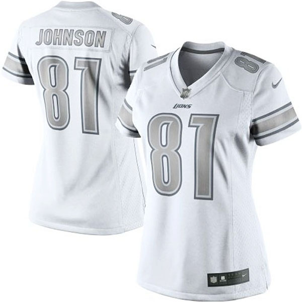 Women Detroit Lions #81 Calvin Johnson White Platinum Jersey