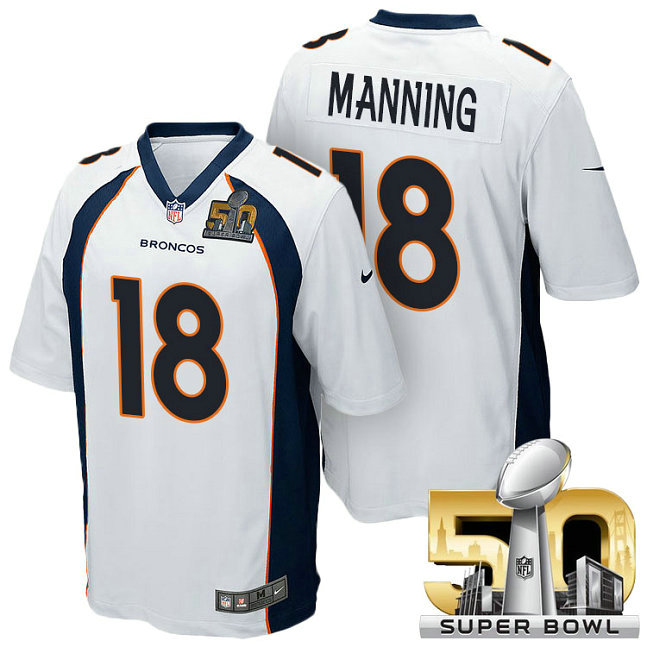 Denver Broncos #18 Peyton Manning White 2016 Super Bowl 50 Game Jersey Denver Broncos #18 Peyton Manning White 2016 Super Bowl 50 Game Jersey
