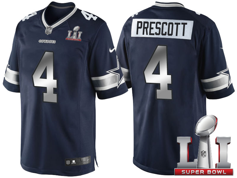 Dallas Cowboys #4 Dak Prescott Navy Blue 2017 Super Bowl 51 Patch Steel Silver Limited Jersey Dallas Cowboys #4 Dak Prescott Navy Blue 2017 Super Bowl 51 Patch Steel Silver Limited Jersey