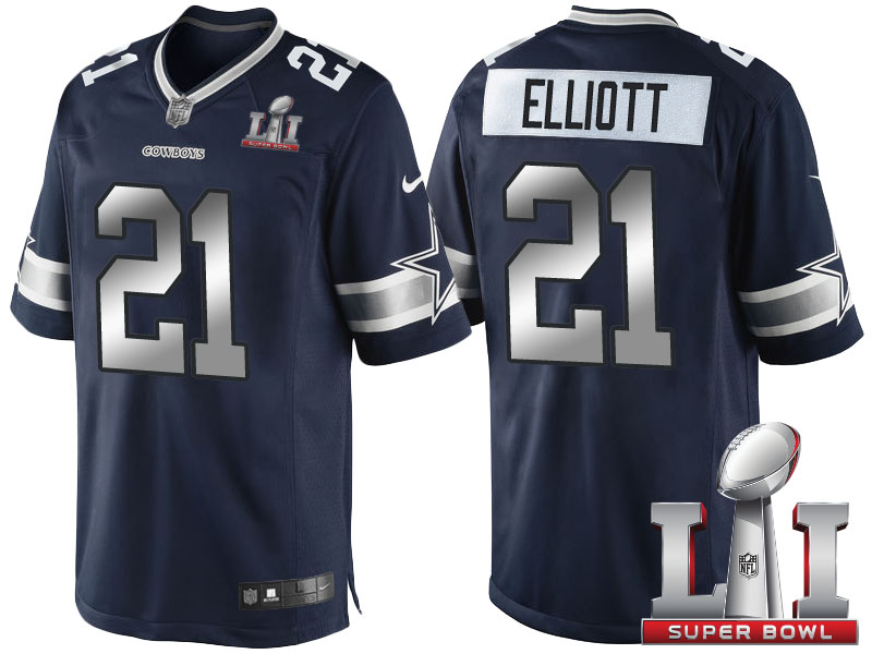 Dallas Cowboys #21 Ezekiel Elliott Navy Blue 2017 Super Bowl LI Patch Steel Silver Limited Jersey